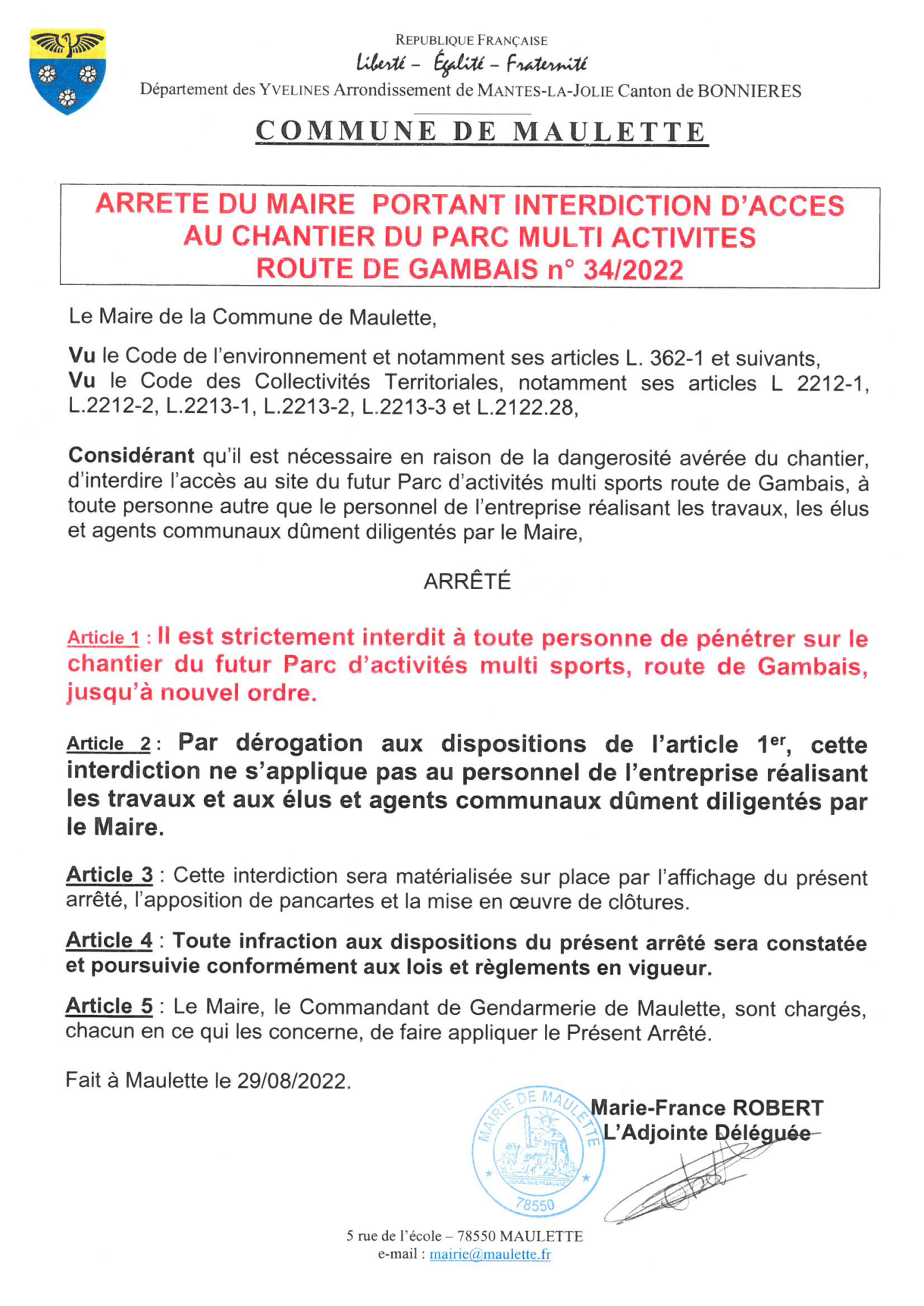34-2022 ARRETE DU MAIRE INTERDISANT L ACCES DU PARC MULTI SPORTS MAULETTE