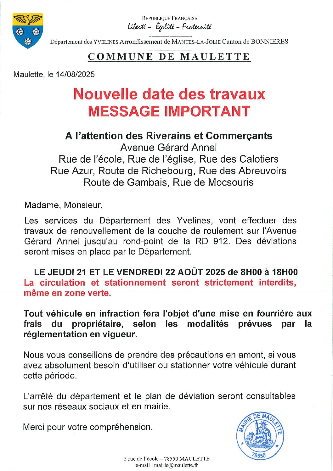 21 et 22 août – travaux sur la rue Gérard Annel