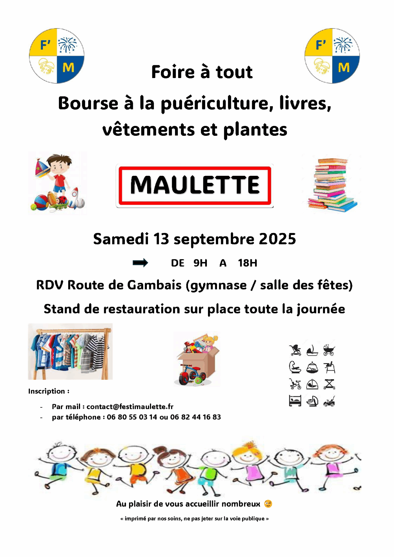 FLyer_A4_Bourse à la puériculture 2025 Rendez-vous à Maulette le 13 septembre 2025 pour la foire à tout et bourse à la puériculture, livres, vêtements et plantes. Entrée libre, restauration sur place.