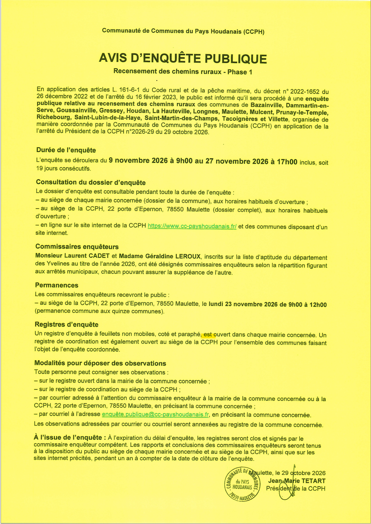 📢 Avis enquête publique CCPH Chemins ruraux